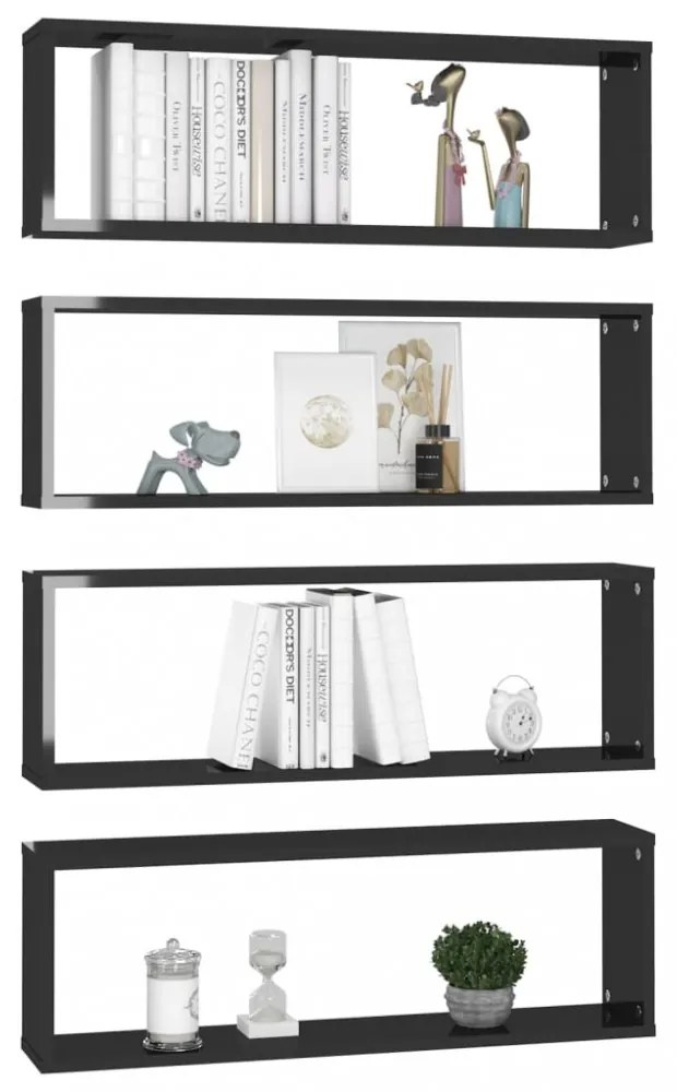 4 db magasfényű fekete forgácslap fali kockapolc 80x15x26,5 cm