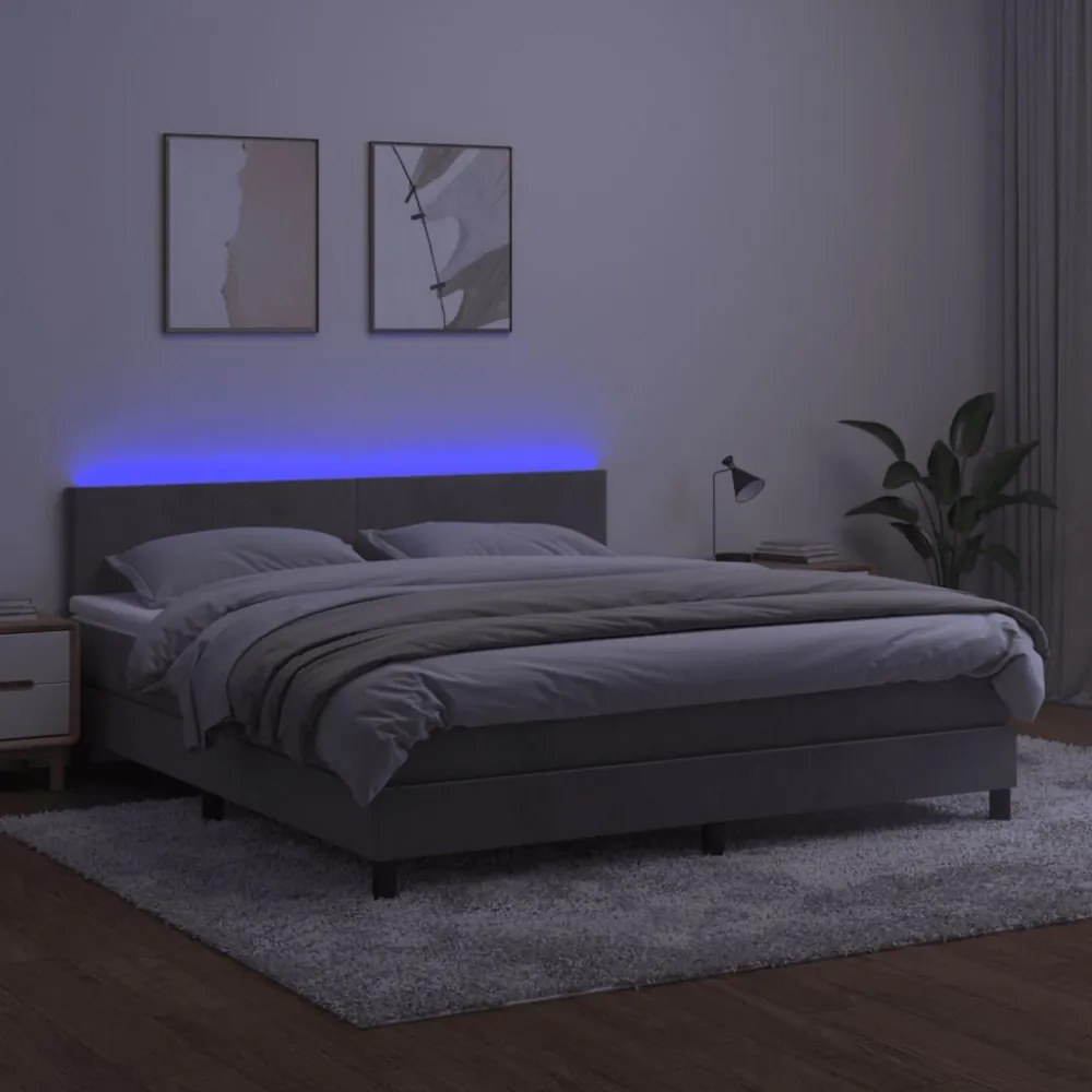 világosszürke bársony rugós és LED-es ágy matraccal 160x200 cm