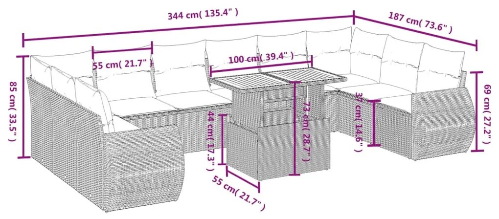 11 részes szürke polyrattan kerti ülőgarnitúra párnákkal