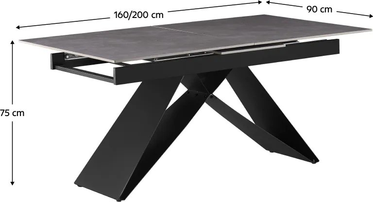 Kihúzható étkezőasztal, beton/fekete, 160-200x90 cm, MAJED