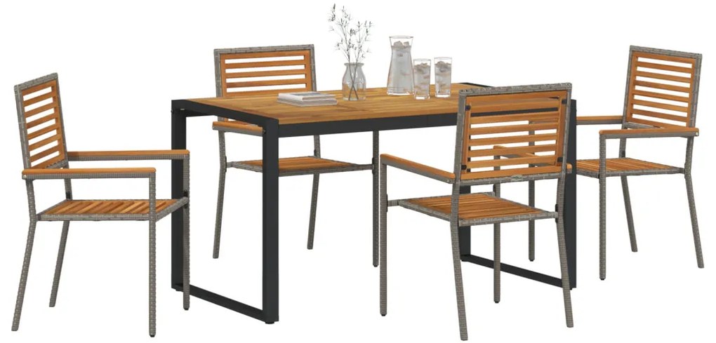 5 Darabos Kert Étkező Készlet Szürke Poly Rattan Akác, Rakható Kerti Székek Párnákkal 2 db Szürke Poly Rattan