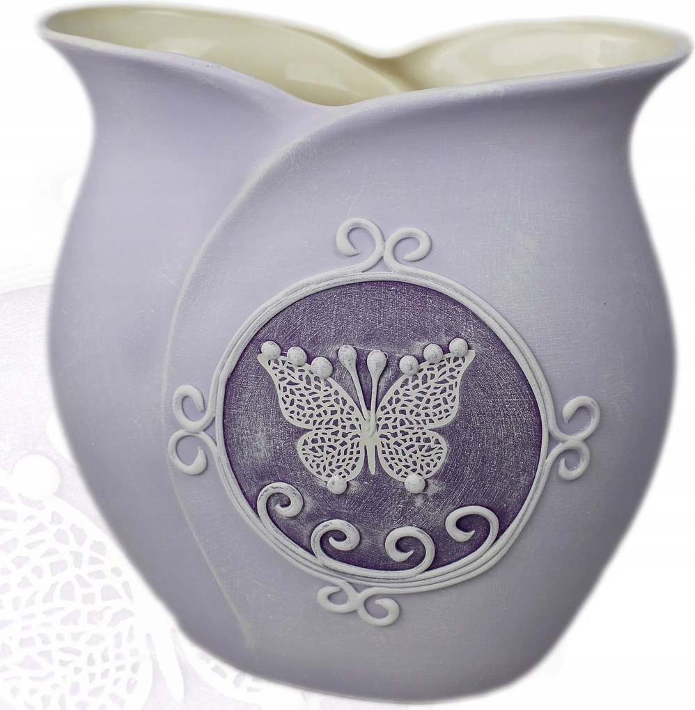 Tulipán alakú kerámia váza 21 cm, pillangó motívummal díszítve