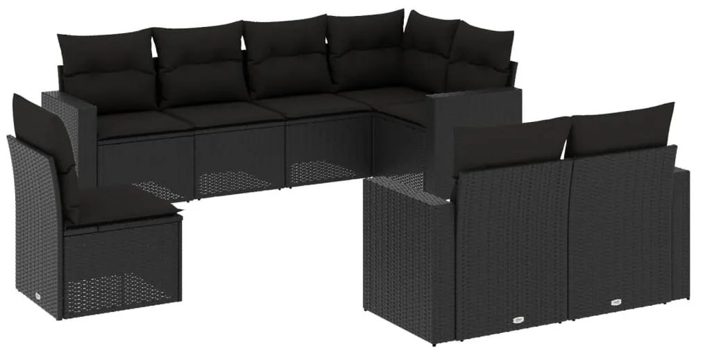 8 részes fekete polyrattan kerti ülőgarnitúra párnákkal