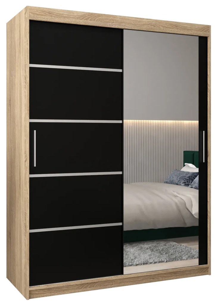 Ruhásszekrény 150 cm tükörrel Verika 2 150 (szonoma tölgy + fekete). 1064207