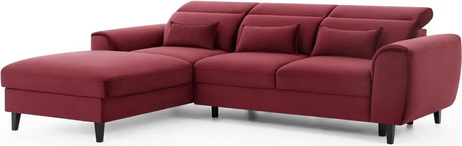Piros bársony kinyitható-tárolóhelyes sarokkanapé (bal oldali-heverő résszel) Foble – ELTAP