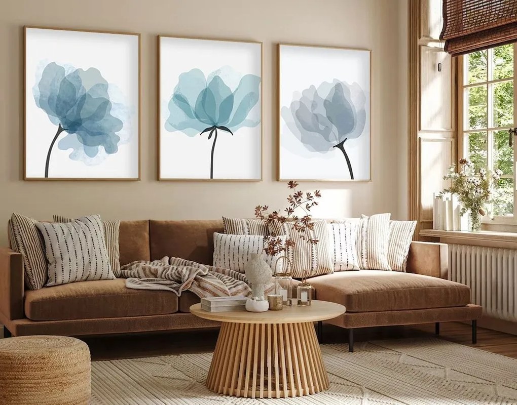 Falikép szett, 3 db, virágok, kék - fekete, 50x70 cm - TRIO