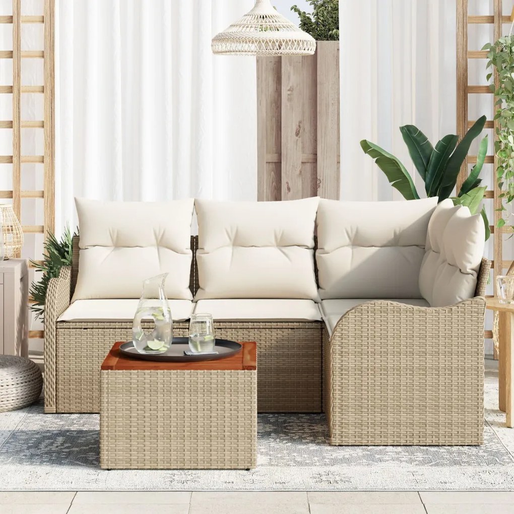 5 részes kerti sofa szett párnákkal bézs poli rattan akáccal, 2 személyes kerti sofa párnákkal bézs poli rattan