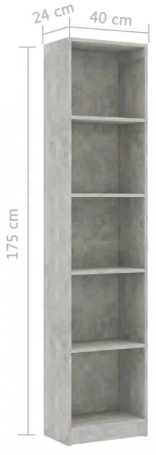 5-szintes betonszürke szerelt fa könyvszekrény 40 x 24 x 175 cm