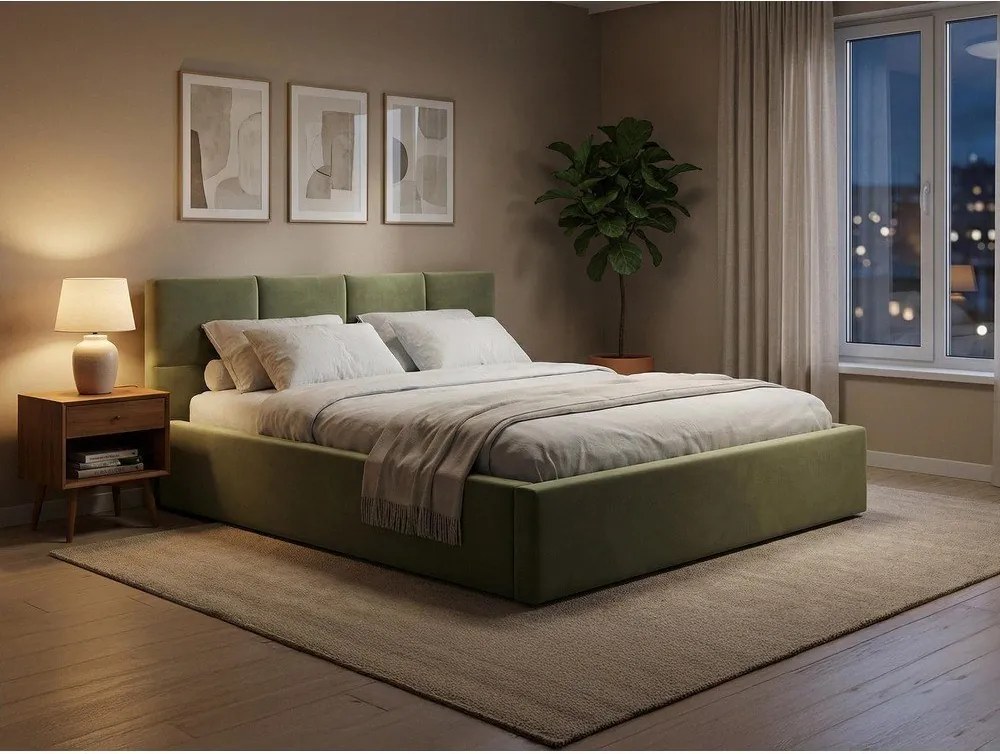 Sötétzöld bársony kárpitozott ágyneműtartós franciaágy ágyráccsal 140x200 cm Hiko – Makamii