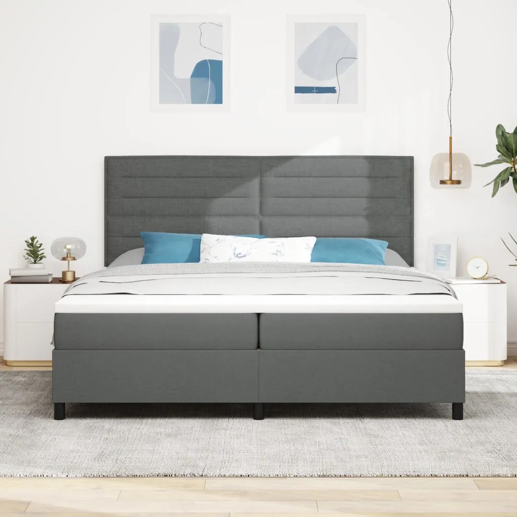 Boxspring ágy matraccal, sötét szürke 200x200 cm szövet