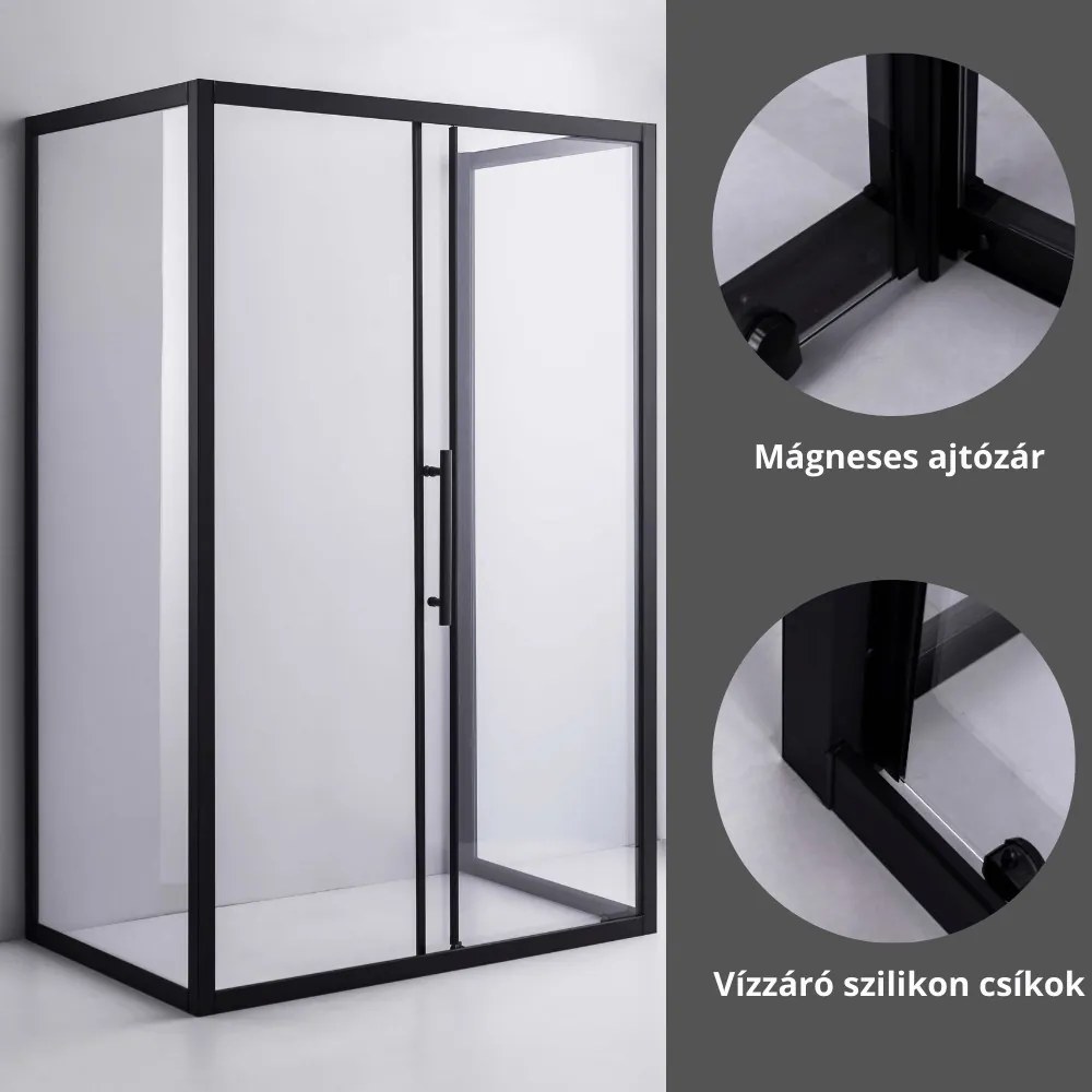 Stuxi Nizza Black 100x100 falsíkra szerelhető 3 oldalú tolóajtós zuhanykabin 6 mm vízlepergető biztonsági üveggel, fekete elemekkel, 200 cm magas