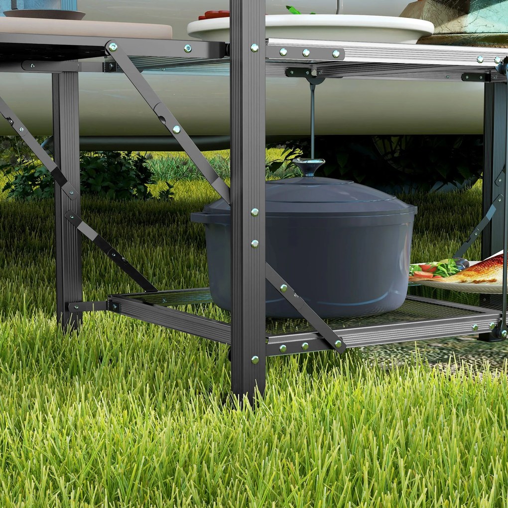 Outsunny Összecsukható Konyha Kempingasztal Acélból és Alumíniumból, Hordtáskával, 2 Összecsukható Polccal, 2 Polccal és Pohártartókkal, méretei: 126L