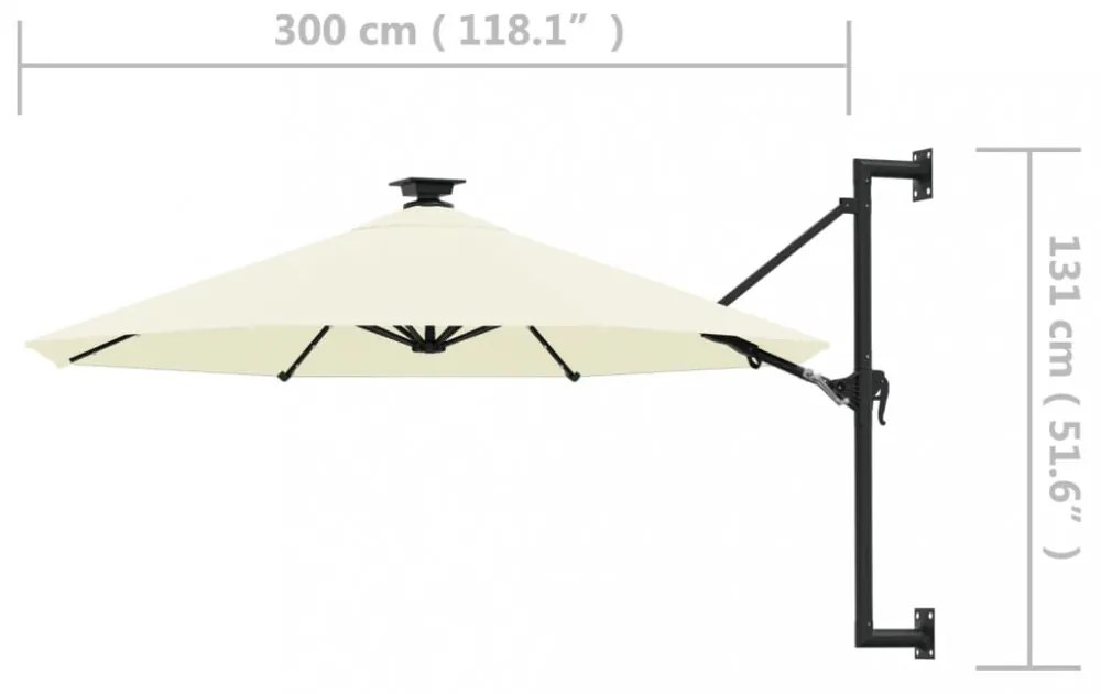 homokszínű fali napernyő LED-ekkel és fémrúddal 300 cm