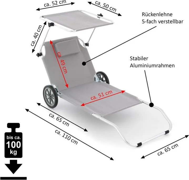 DIVERO Összecsukható napozóágy napellenzővel kerekes szürke