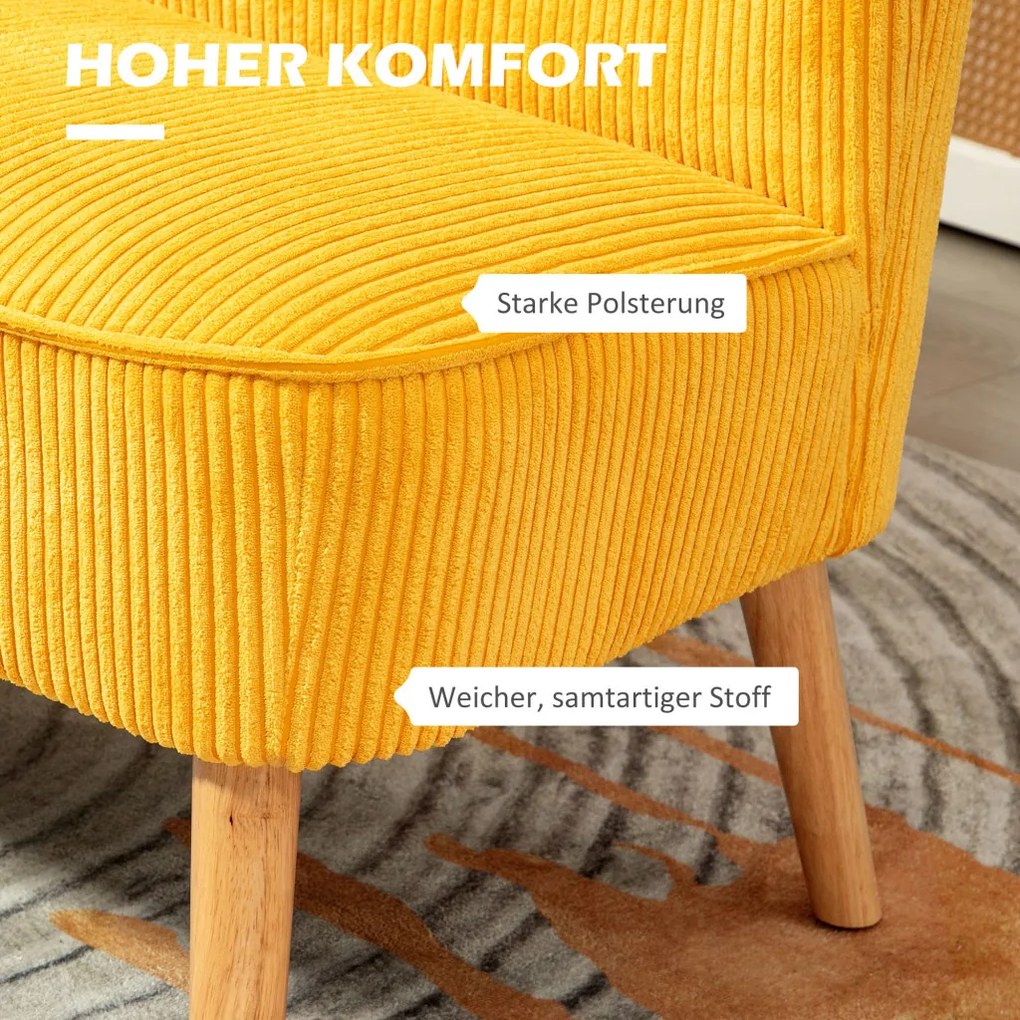 HOMCOM kétszemélyes kanapé, elegáns skandináv dizájn, tömörfa váz, 150 kg-ig, sárga
