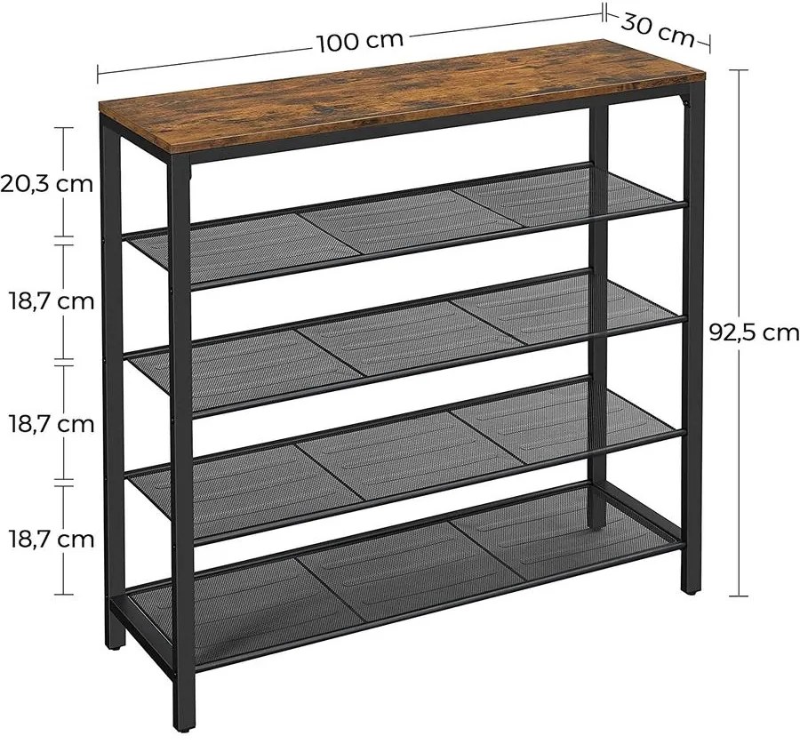 Cipőtartó, cipőállvány rendszerező 4 hálós polccal, rusztikus barna és fekete | VASAGLE
