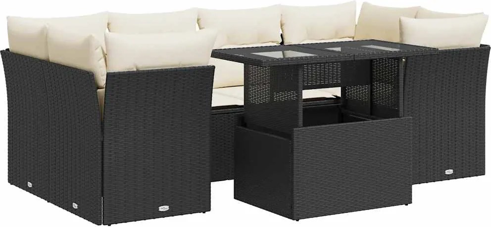 vidaXL 7 részes fekete polyrattan kerti ülőgarnitúra párnával