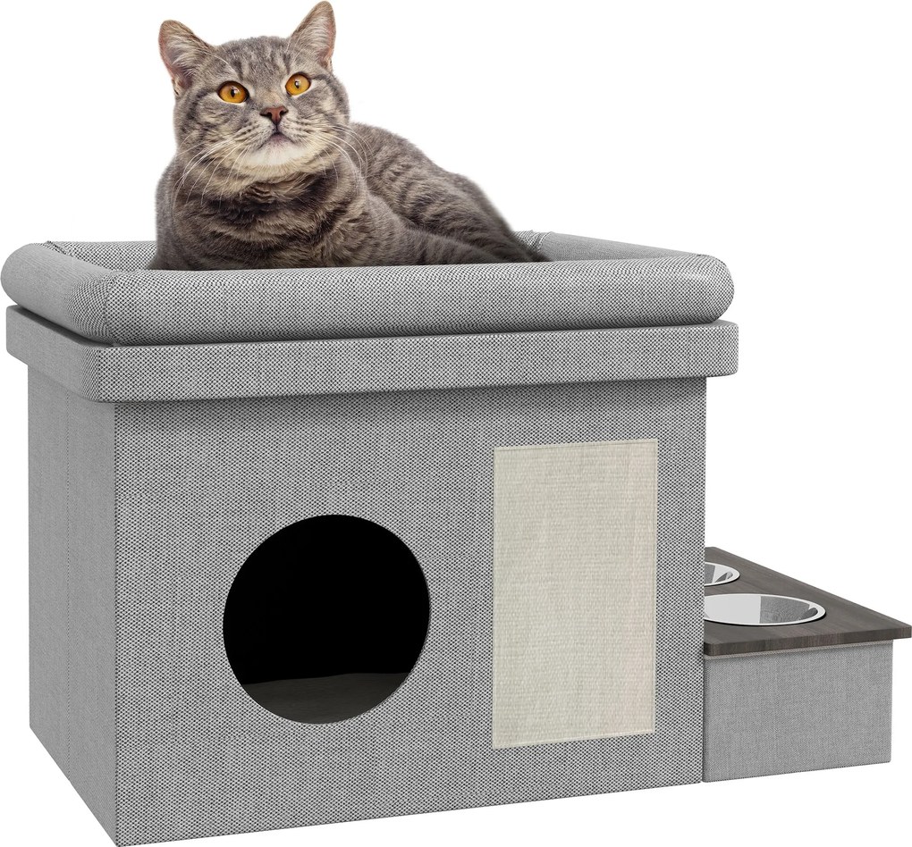 PawHut Macska Barlang, Macska Háza, Macska Fészek 2 Rozsdamentes Acél Tálkával, Macska Ágy Párnával, Kaparó Pad, Kutyaház Macskáknak és Kutyáknak 8 kg