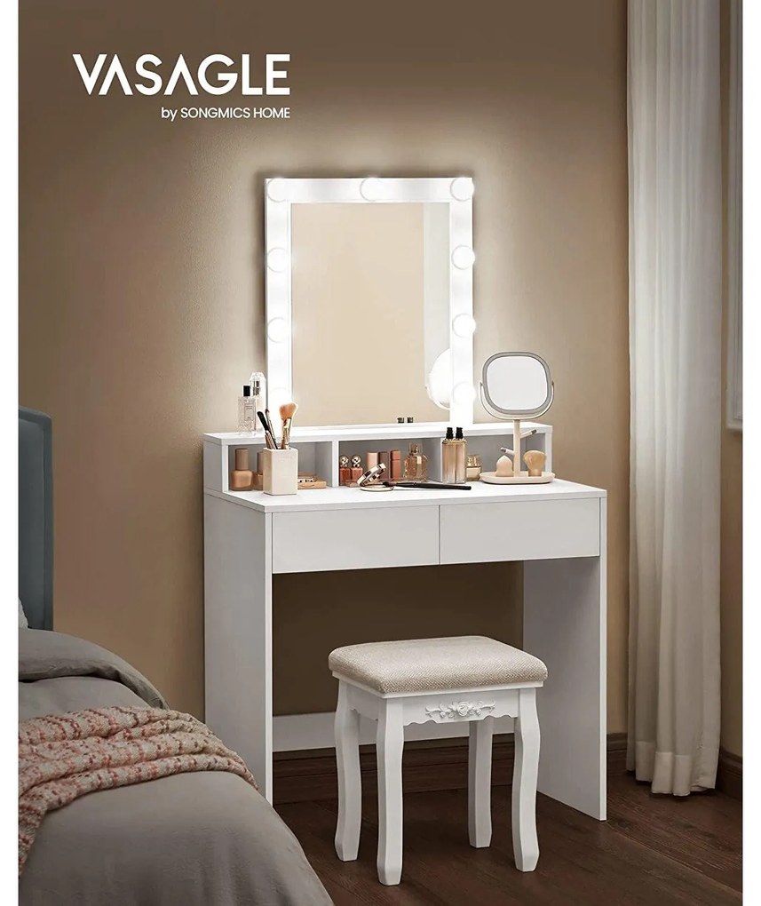Fésülködőasztal, sminkasztal tükörrel fiókokkal, fehér 80x40x145cm