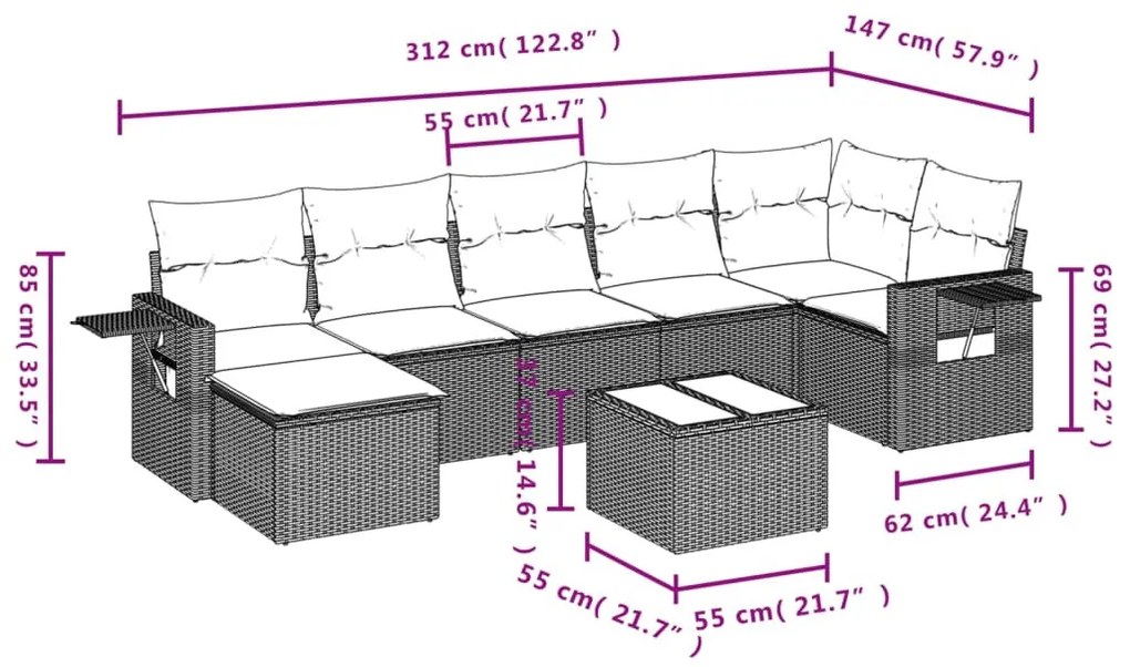 8 részes fekete polyrattan kerti ülőgarnitúra párnákkal