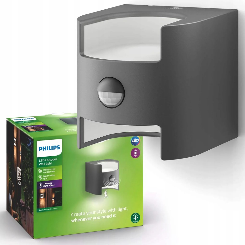 LED-es kerti lámpa Homlokzati fali lámpa Grass Ir IP44 Mozgásérzékelő Philips