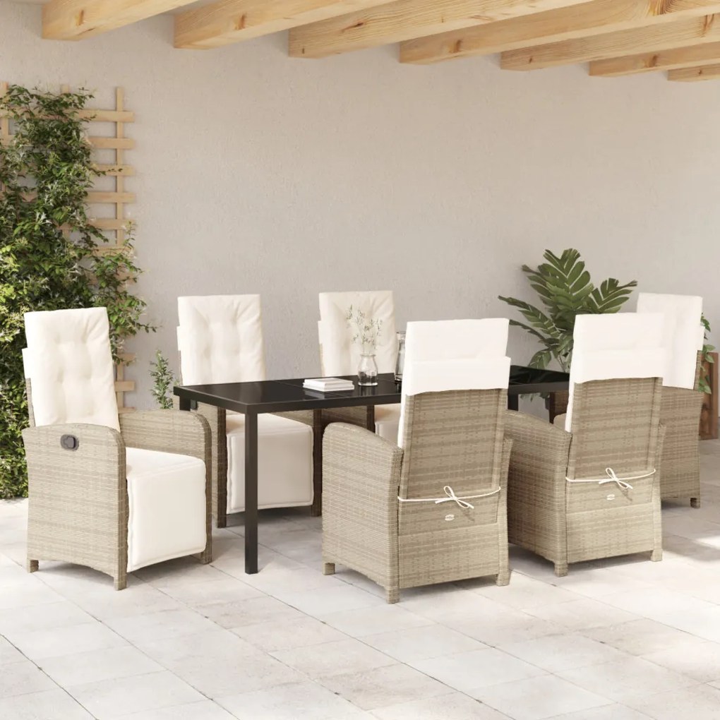 7 db-os Kerti Étkezőszett Párnákkal Bézs Poli Rattan, Kerti Asztal Fekete 200x80x73 cm Edzett Üveg