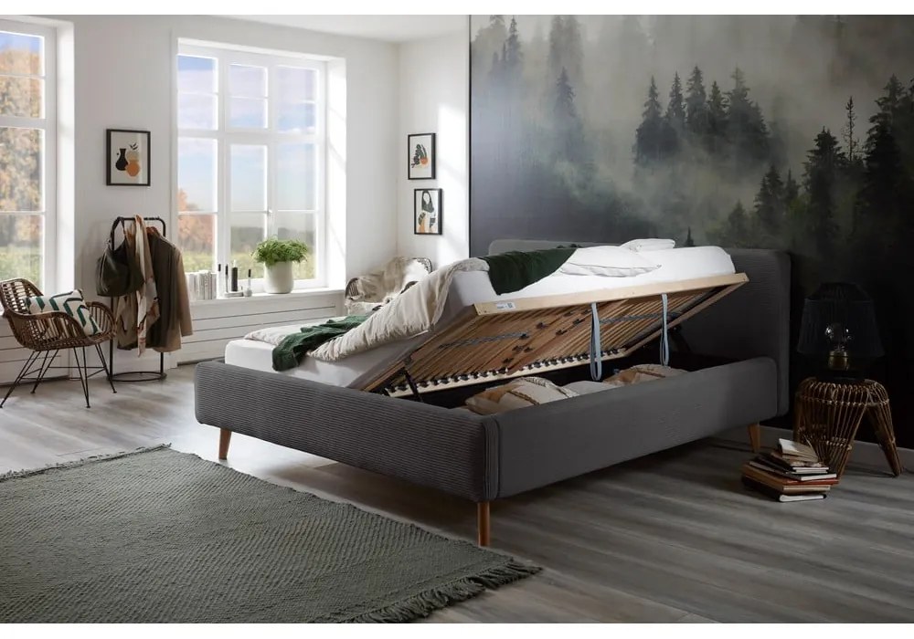 Szürke kárpitozott franciaágy tárolóhellyel ágyráccsal 180x200 cm Mattis Cord – Meise Möbel