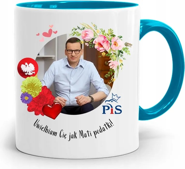 Kék Politikus Bögre Mateusz Morawiecki Miniszterelnök fényképes nyomtatással