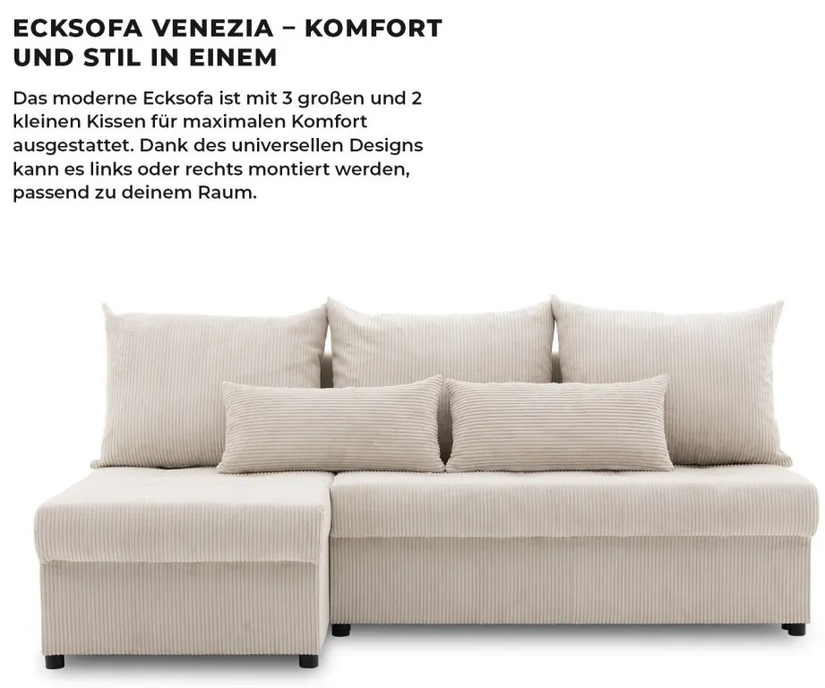 Venezia sarokkanapé, kordbársony, univerzális oldal, hab töltet, bézs