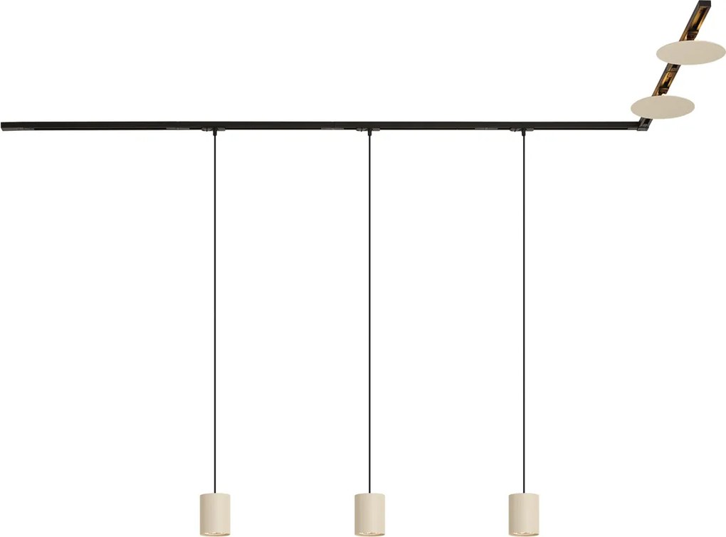 Modern fekete sínrendszer 3 függőlámpával és 2 bézs mennyezeti lámpával, 1 fázisú - Iconic Holt Pulley