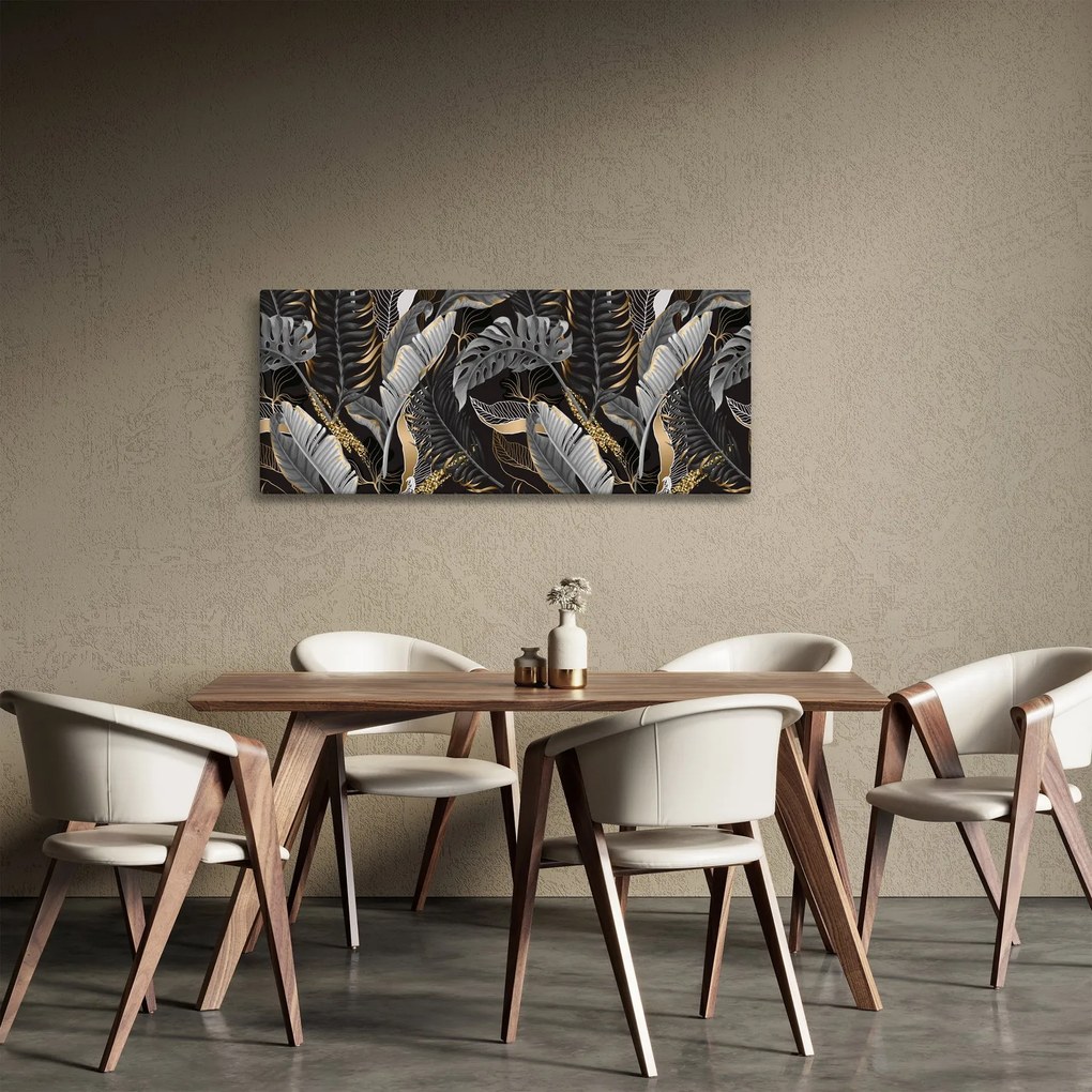 Kép - Trópusi levelek fekete és arany színben (120x50 cm)