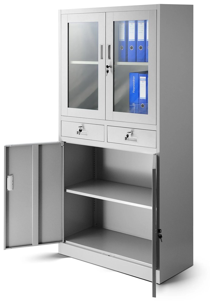 Fém iratszekrény vitrinnel és fiókokkal EDMUND, 900 x 1850 x 400 mm, szürke