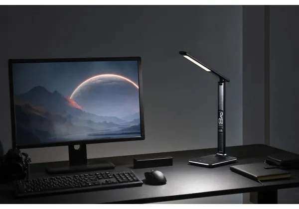 Immax 08930L - LED Szabályozható asztali lámpa kijelzővel KINGFISHER LED/9W/230V/12V fekete