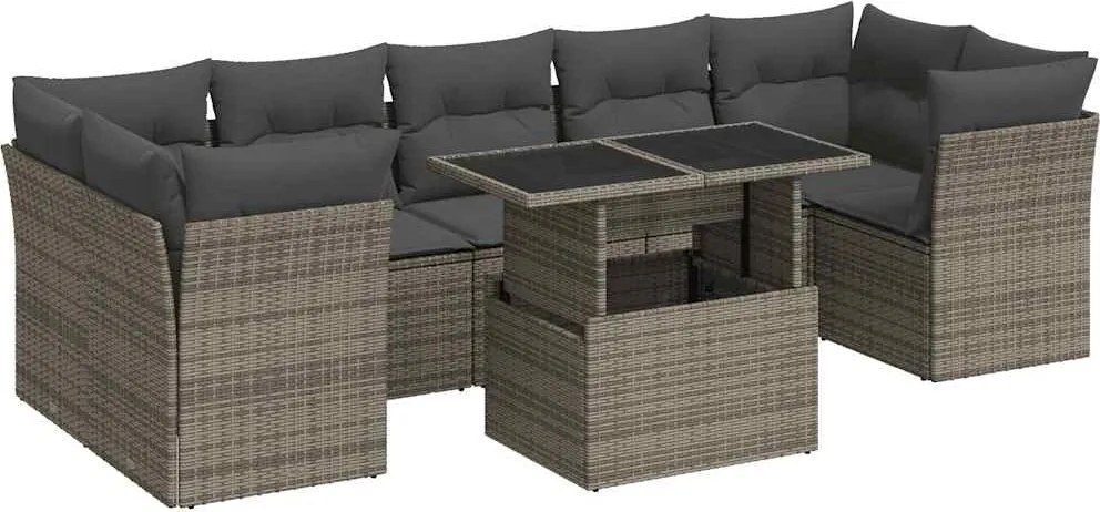vidaXL 8 részes szürke polyrattan kerti ülőgarnitúra párnákkal