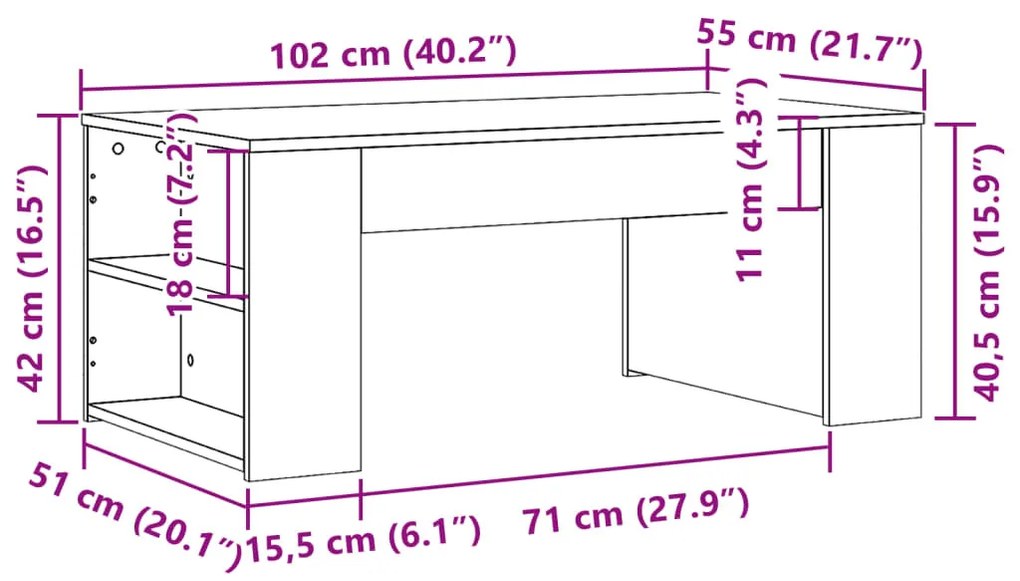 füstös tölgy színű szerelt fa dohányzóasztal 102 x 55 x 42 cm