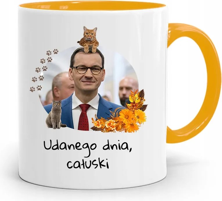 Sárga Politikus Bögre Mateusz Morawiecki Miniszterelnök fényképes nyomtatással
