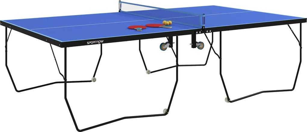 SPORTNOW Asztalitenisz Asztal, Összecsukható Ping Pong Asztal Hálóval, Kerekekkel, 2 Ütővel és 3 Labdával, Acél, Kék, 274 x 152.5 x 76 cm | Aosom