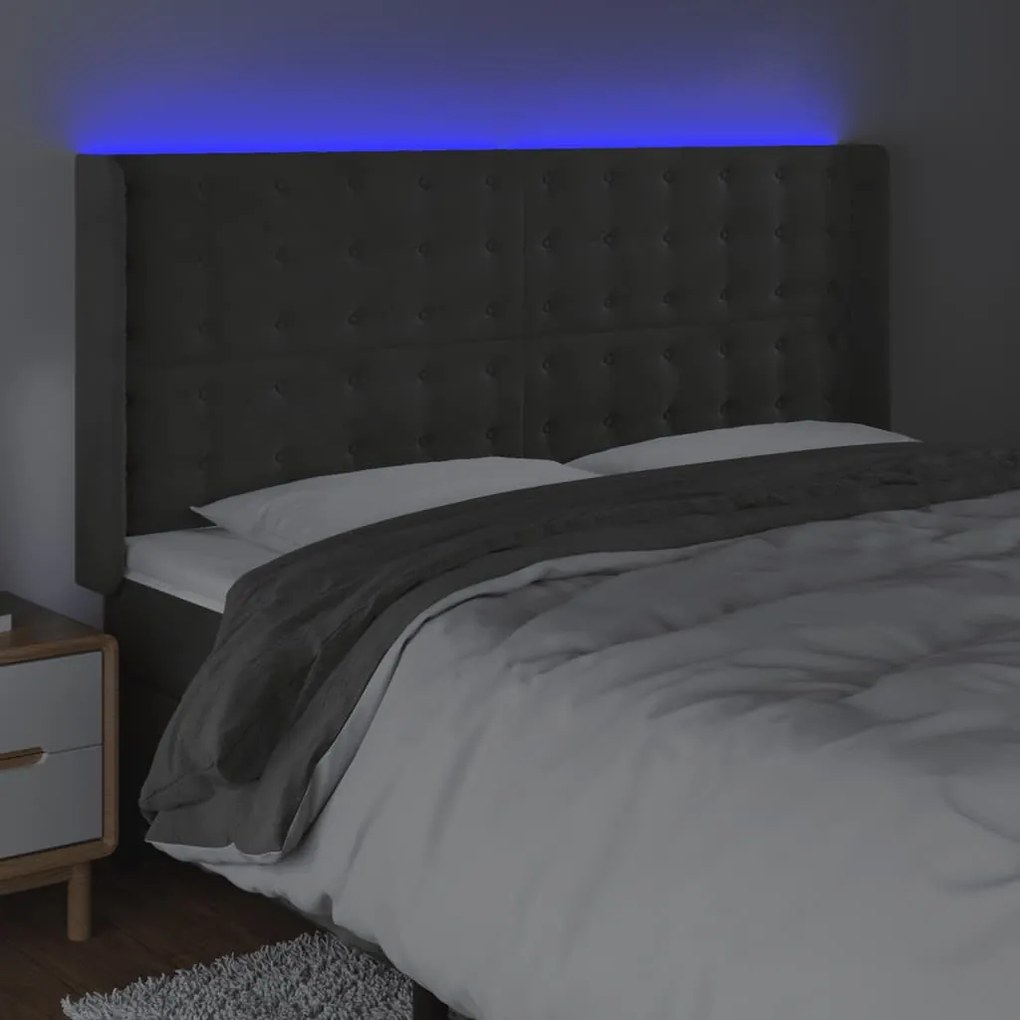 sötétszürke bársony LED-es fejtámla 203x16x118/128 cm