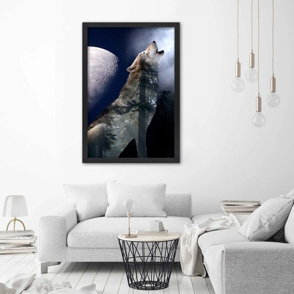 Gario Poszter Farkas üvölt a holdra A keret színe: Fekete, Méret: 70 x 100 cm