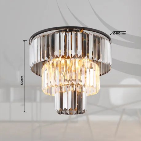 Globo 15695D Mennyezeti lámpa könnyű fém fekete matt, füstszínű üvegkristályok, átlátszó, ø: 400mm, M: 330mm, 3x E27 40W 230V izzók nélkül