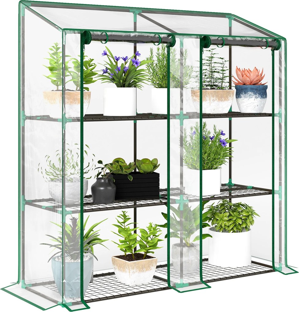 Outsunny 3-szintes Kültéri Üvegház Polcokkal, Lejtős Tetővel és 2 Cipzáros Ajtóval Növénytermesztéshez Teraszon 143x46x141/151 cm Átlátszó | Aosom