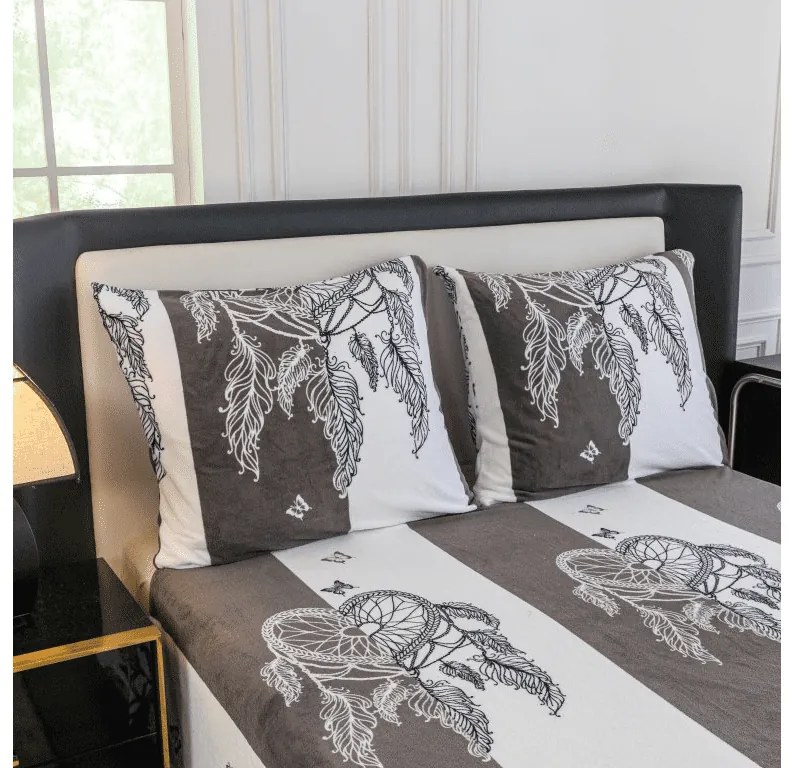Mikroplüss ágyneműhuzat szett TIRSO szürke-fehér + mikroplüss lepedő SOFT 180x200 cm fehér, franciaágy