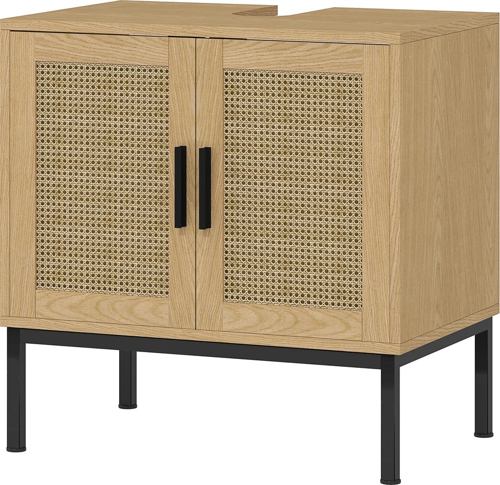 Kleankin Fürdőszoba Szekrény, Rattán Hatású Mosdószekrény, Tölgy, 60 x 39 x 60 cm | Aosom