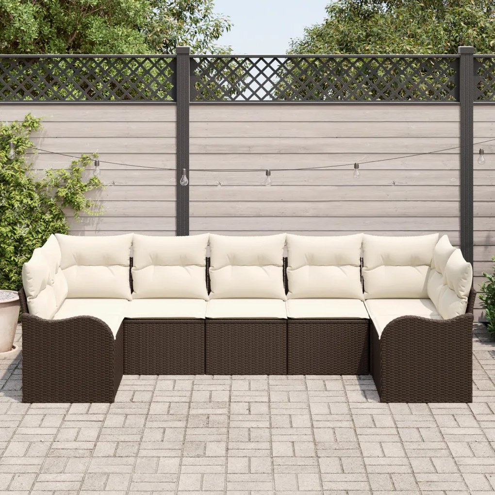 7 Darabos Kerti Sofa Szett Párnákkal Barna Poli Rattan