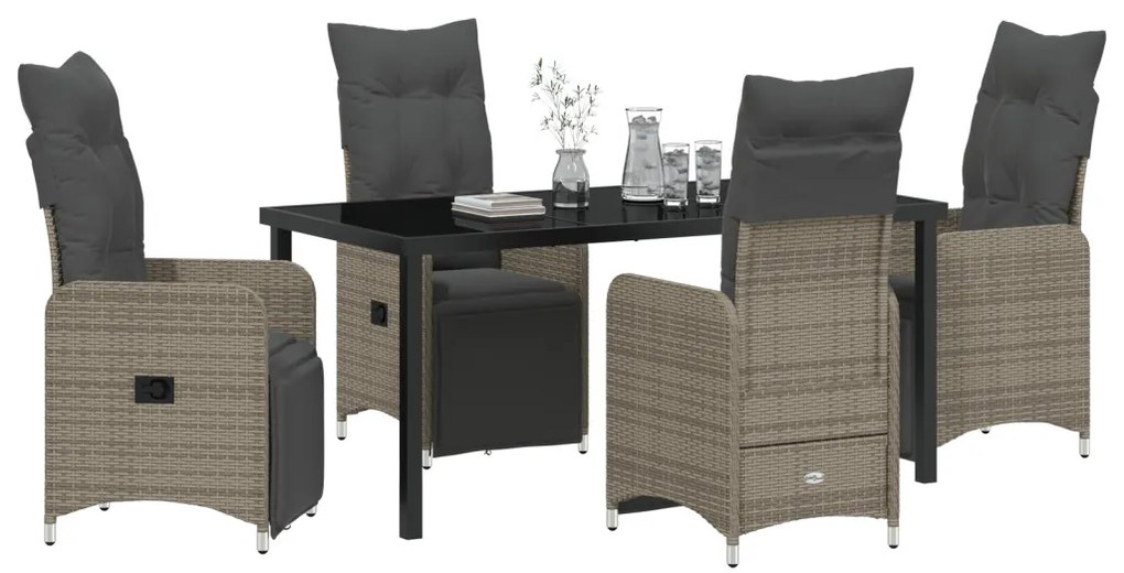 5 Részes Kerti Étkező Szett Párnákkal Szürke Poly Rattan