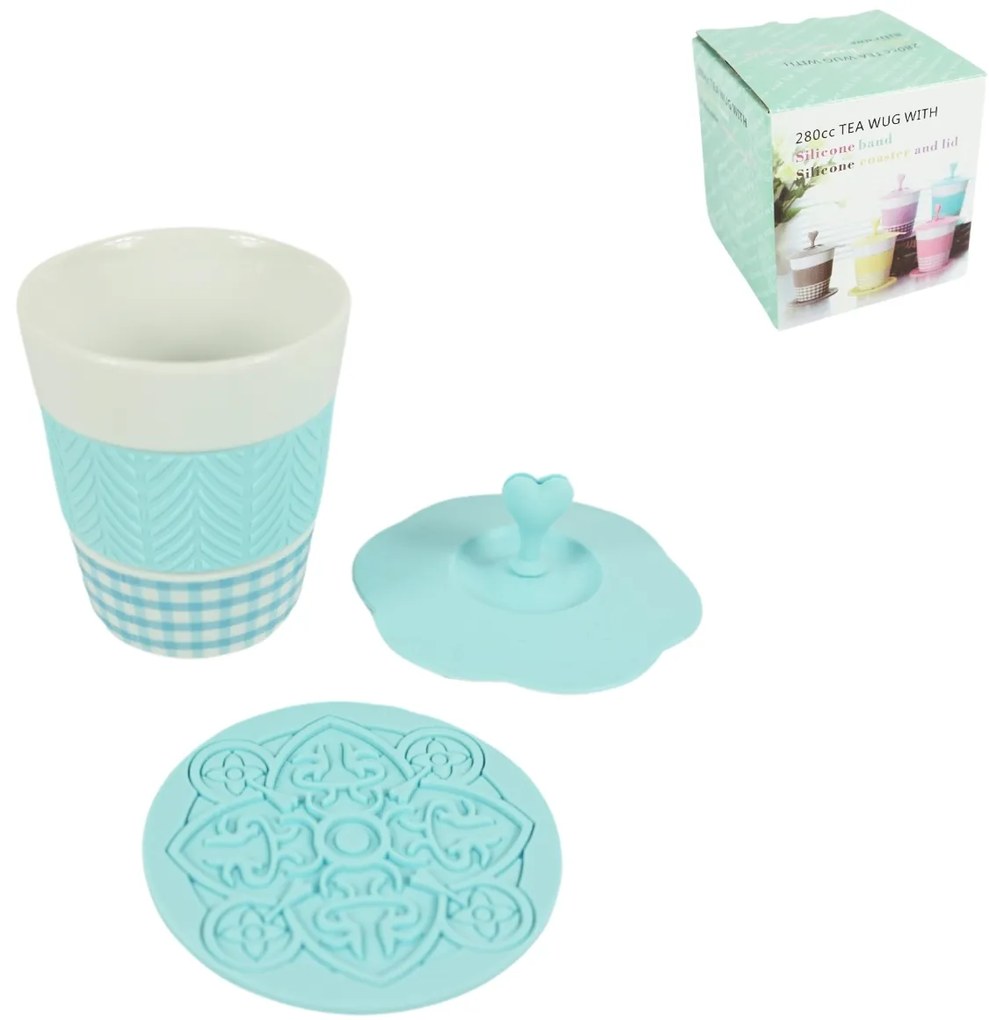 Porcelán bögre AQUELLE szilikon kiegészítőkkel 280 ml, kék