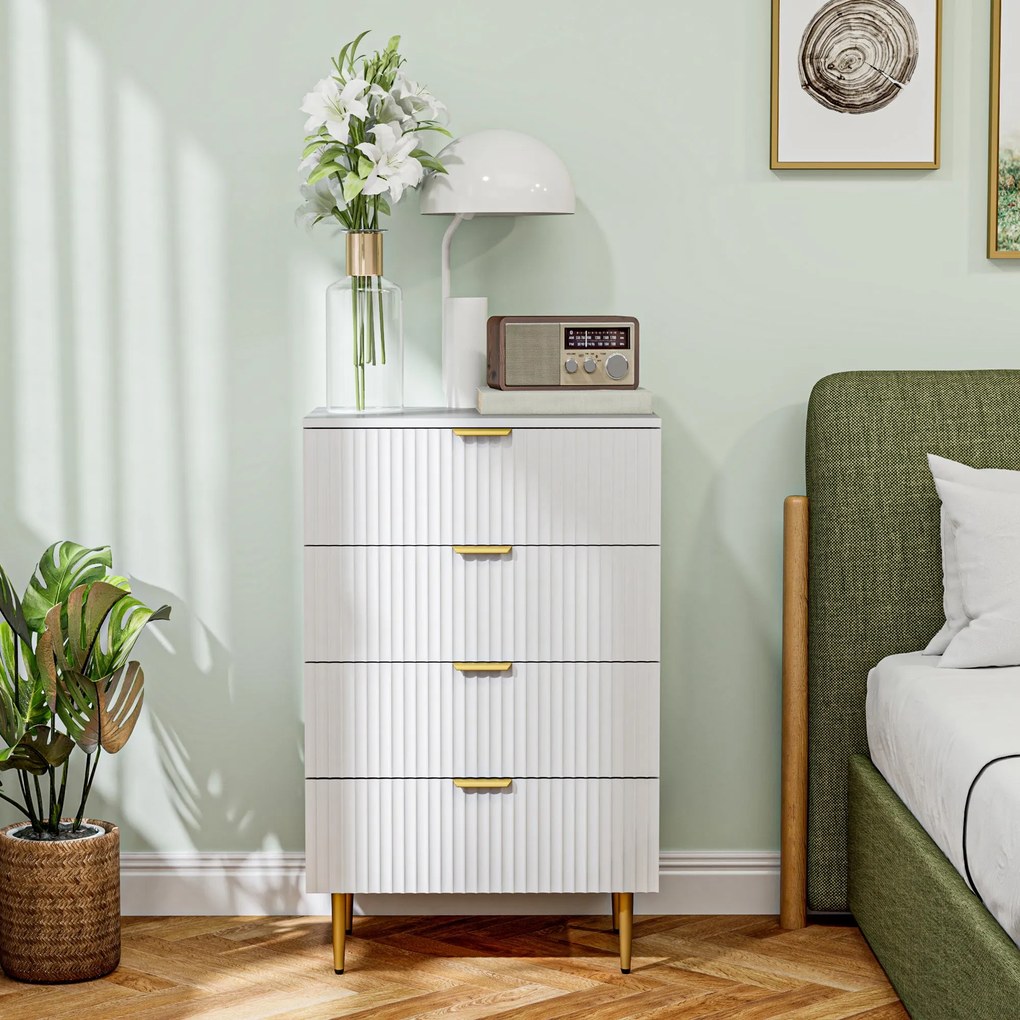 HOMCOM 4 Fiókos Komód Modern Tároló Bútor Fogantyúval és Arany Lábakkal, Hálószobába és nappaliba, Méretek: 60 x 40 x 96 cm, Fehér | Aosom