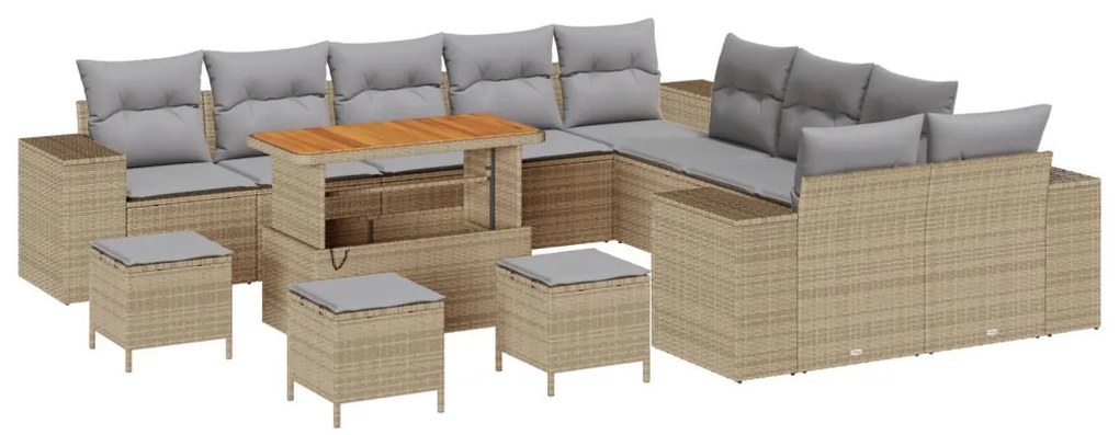 13 darabos kert kanapé szett párnákkal Bézs Poly Rattan Akác, 3 darabos kert étkező szett párnákkal Bézs Poly Rattan Akác