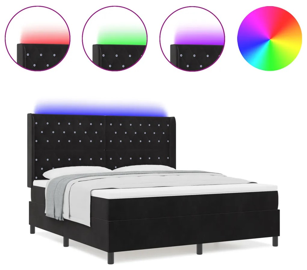 Boxspring Ágy Mattal és LED Fénnyel Fekete 180x200 cm Bársony