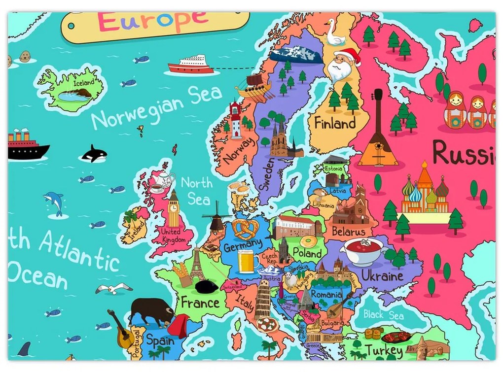 Kép - gyermek térkép Európa (üvegen) (70x50 cm)